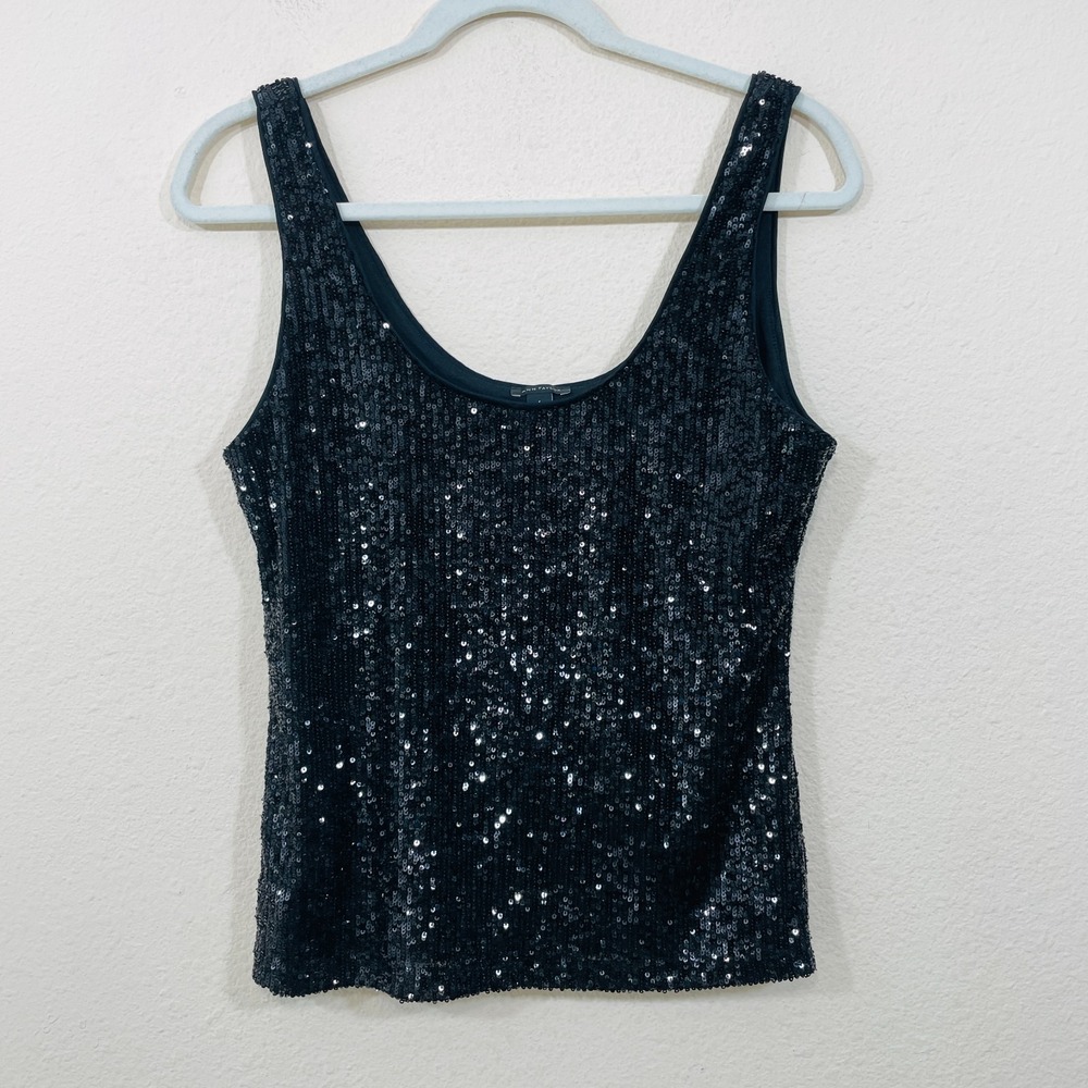 Ann Taylor Loft Sequin Tank‎ Top Size Small Black Party Glam Sparkly